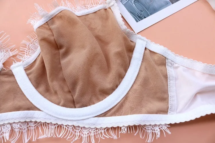 2 Piece Underwear Embroidery Bra Eyelash lace Bralette Brassiere Push Up Bras and Panties Lingerie Set