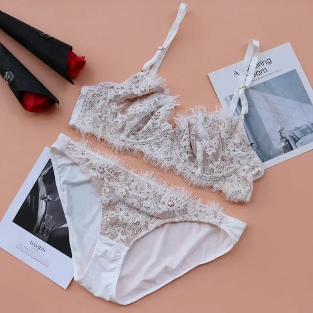 2 Piece Underwear Embroidery Bra Eyelash lace Bralette Brassiere Push Up Bras and Panties Lingerie Set