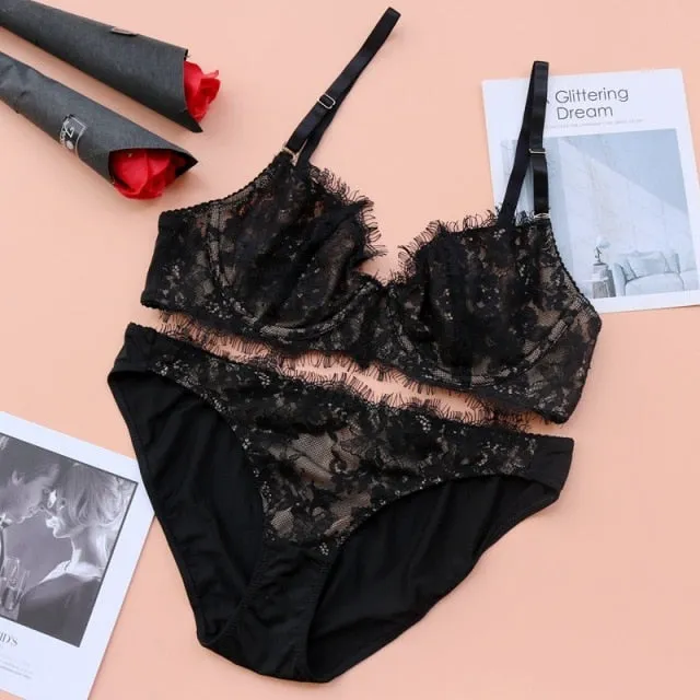 2 Piece Underwear Embroidery Bra Eyelash lace Bralette Brassiere Push Up Bras and Panties Lingerie Set
