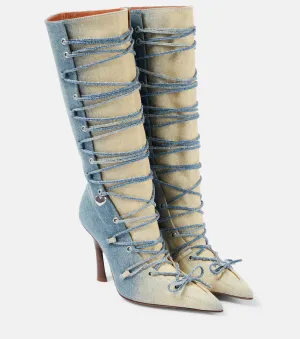 Acne Studios distressed denim boots, blue