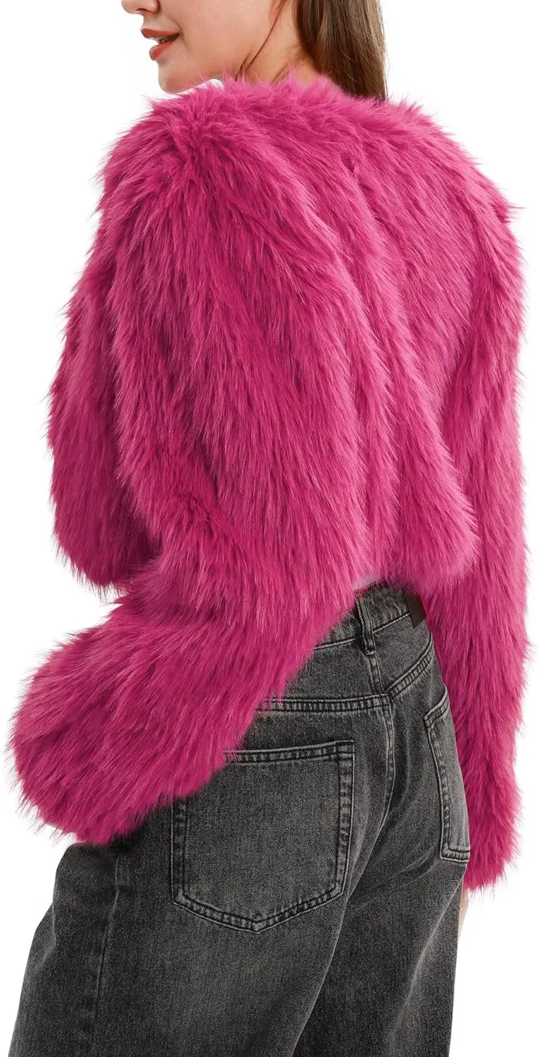 Amazhiyu Women's Faux Fur Cropped Coat Long Sleeve Open Front Winter Jacket