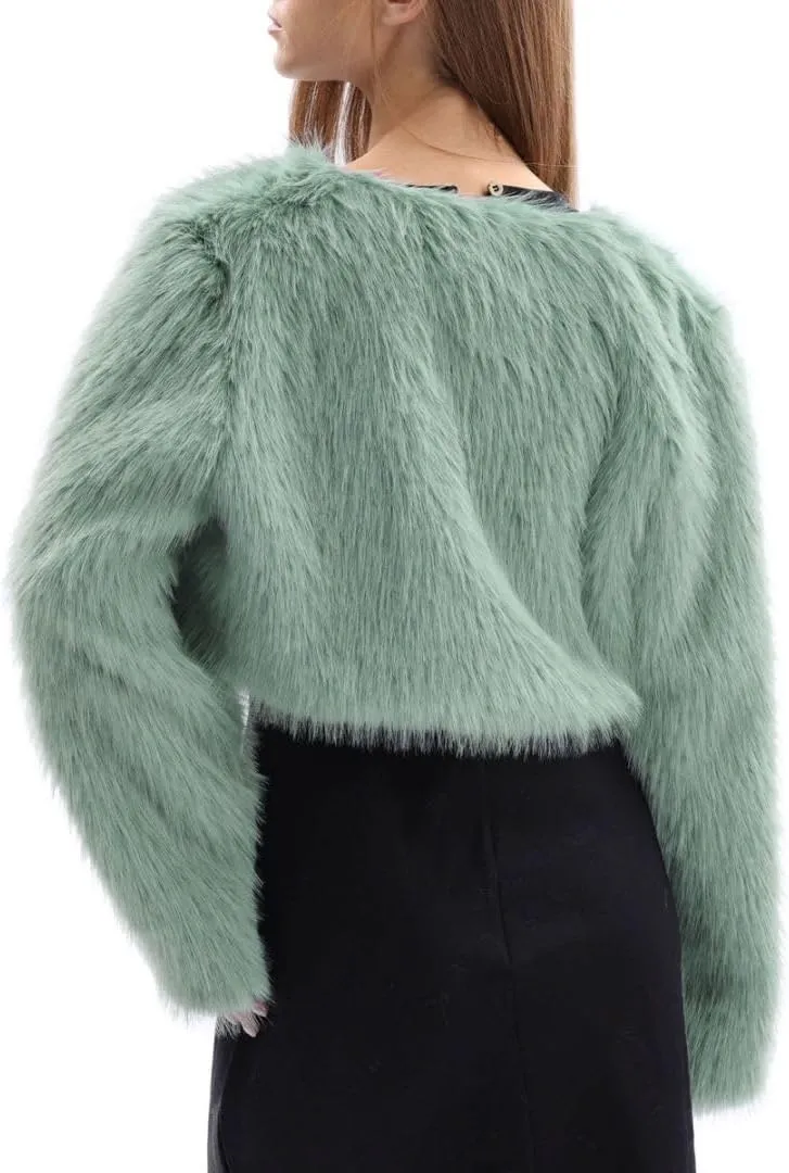 Amazhiyu Women's Faux Fur Cropped Coat Long Sleeve Open Front Winter Jacket