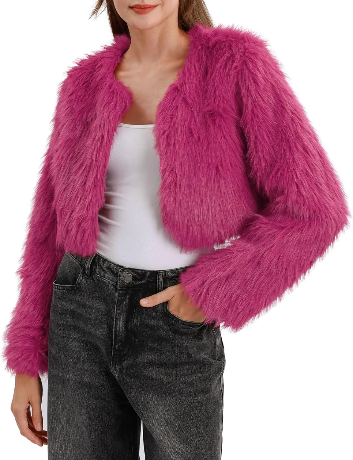 Amazhiyu Women's Faux Fur Cropped Coat Long Sleeve Open Front Winter Jacket