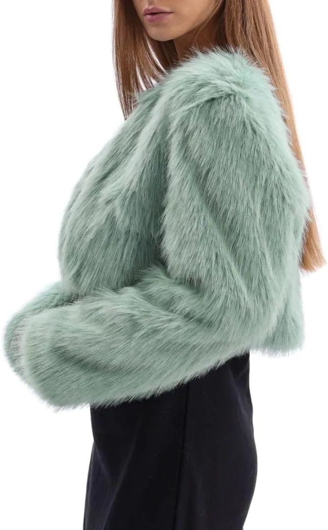 Amazhiyu Women's Faux Fur Cropped Coat Long Sleeve Open Front Winter Jacket