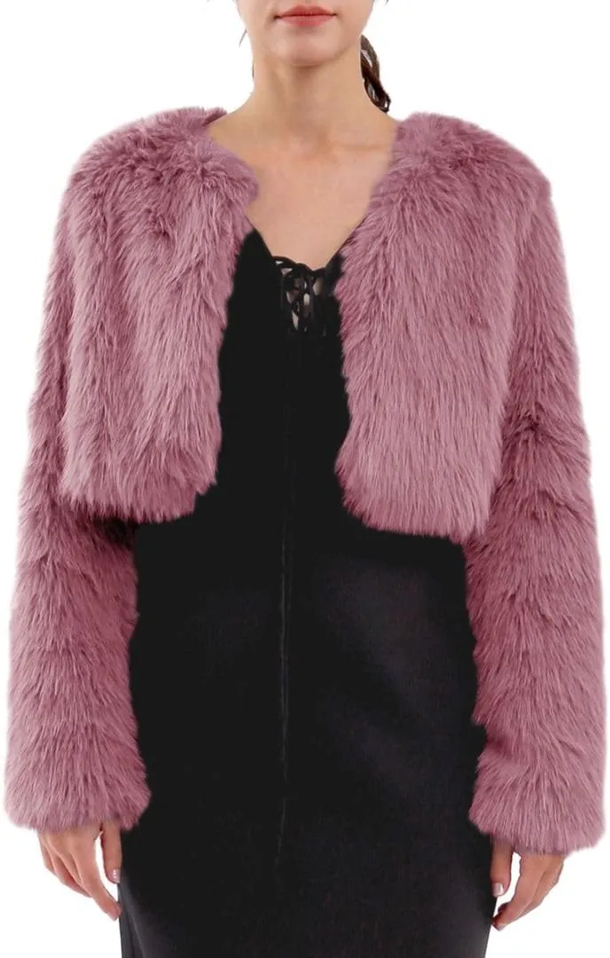 Amazhiyu Women's Faux Fur Cropped Coat Long Sleeve Open Front Winter Jacket
