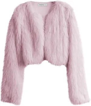 Amazhiyu Women's Faux Fur Cropped Coat Long Sleeve Open Front Winter Jacket