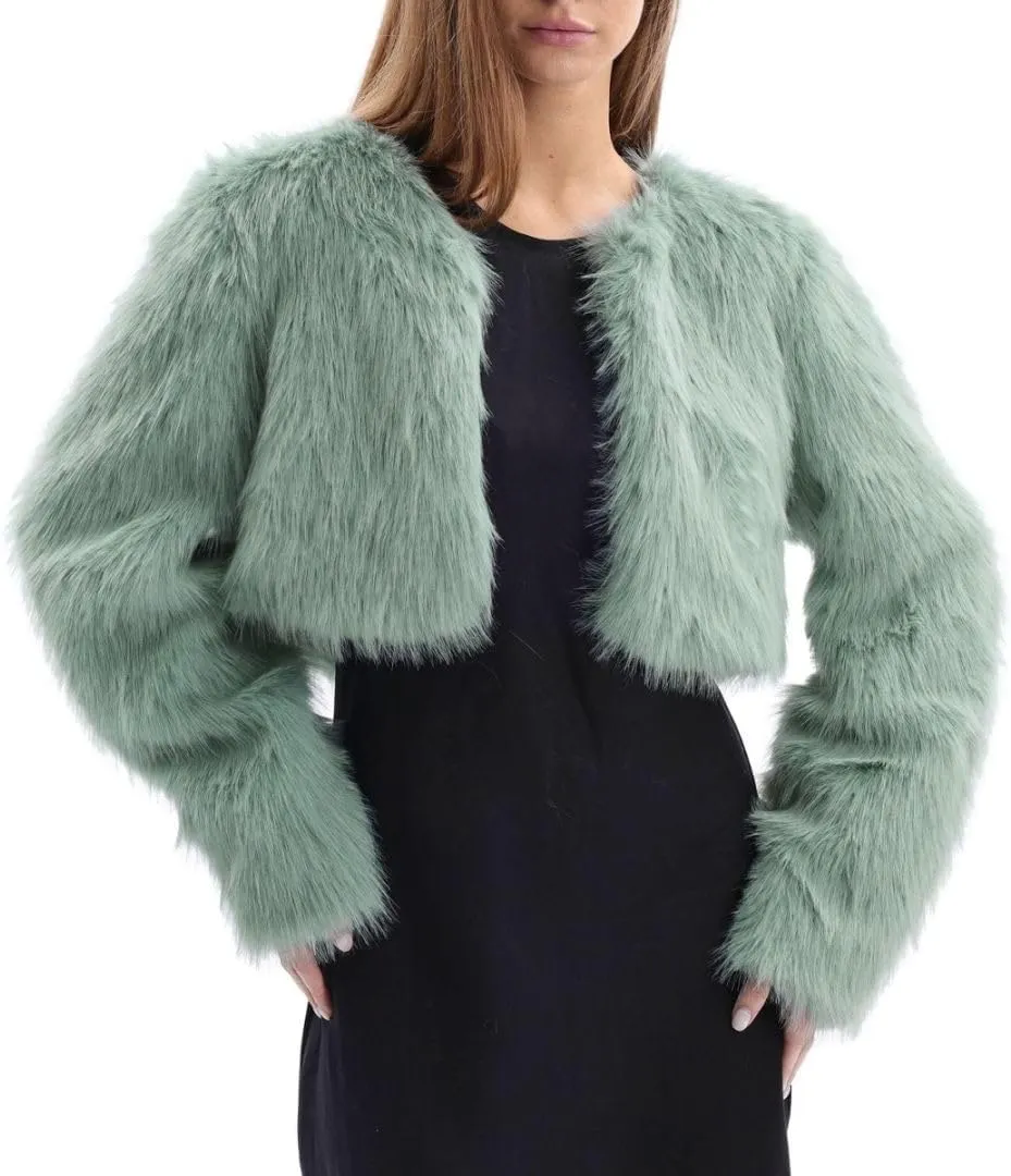 Amazhiyu Women's Faux Fur Cropped Coat Long Sleeve Open Front Winter Jacket