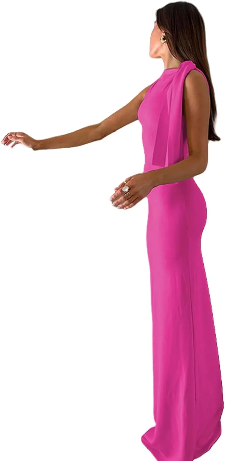 ANKOMINA Women's Elegant Asymmetrical Collar Sleeveless One Shoulder Maxi Dress Bodycon Party Cocktail Long Dresses