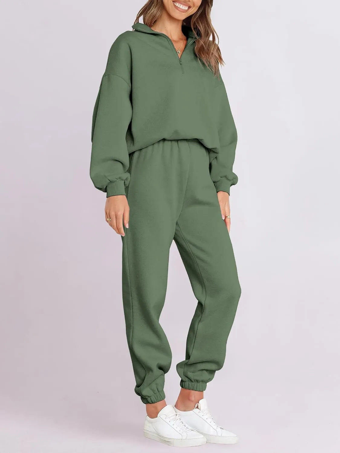 ANRABESS Women 2 Piece Outfits Sweatsuit Oversized Half Zip Sweatshirt Jogger Sweatpants Tracksuit Lounge Set 2025 Clothes
