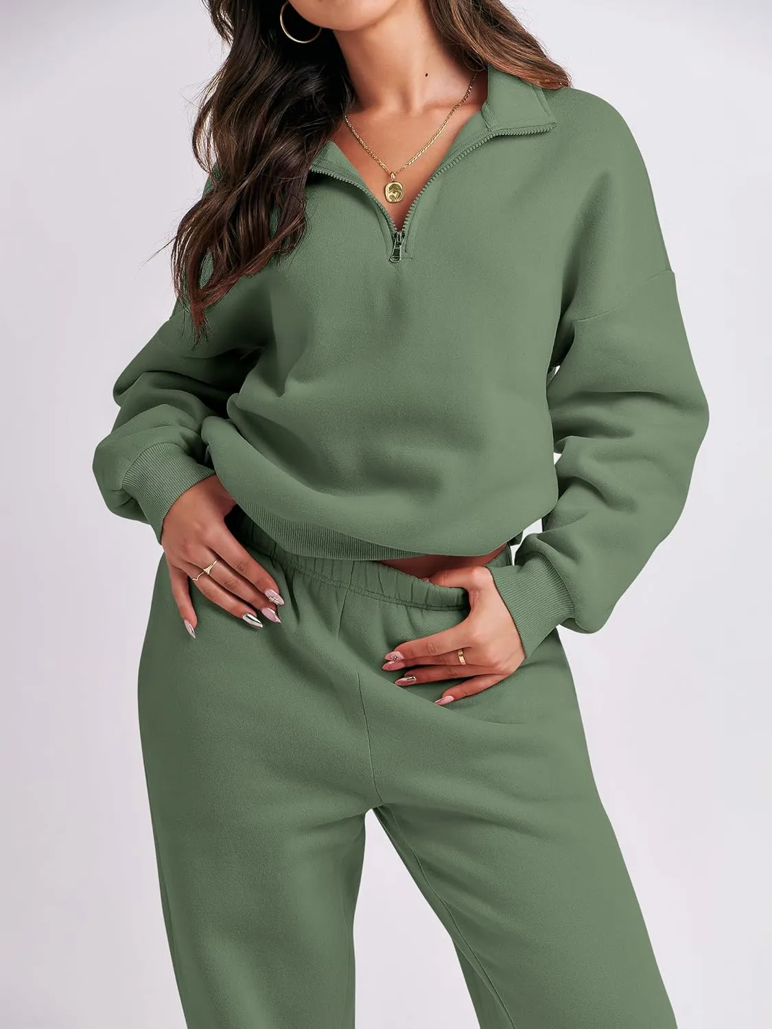 ANRABESS Women 2 Piece Outfits Sweatsuit Oversized Half Zip Sweatshirt Jogger Sweatpants Tracksuit Lounge Set 2025 Clothes