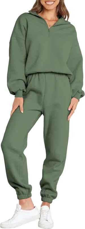 ANRABESS Women 2 Piece Outfits Sweatsuit Oversized Half Zip Sweatshirt Jogger Sweatpants Tracksuit Lounge Set 2025 Clothes