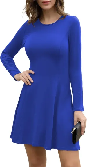 Aphratti Women's Long Sleeve Spring Dresses Casual Basic Crew Neck A-Line Fit and Flare Skater Dress