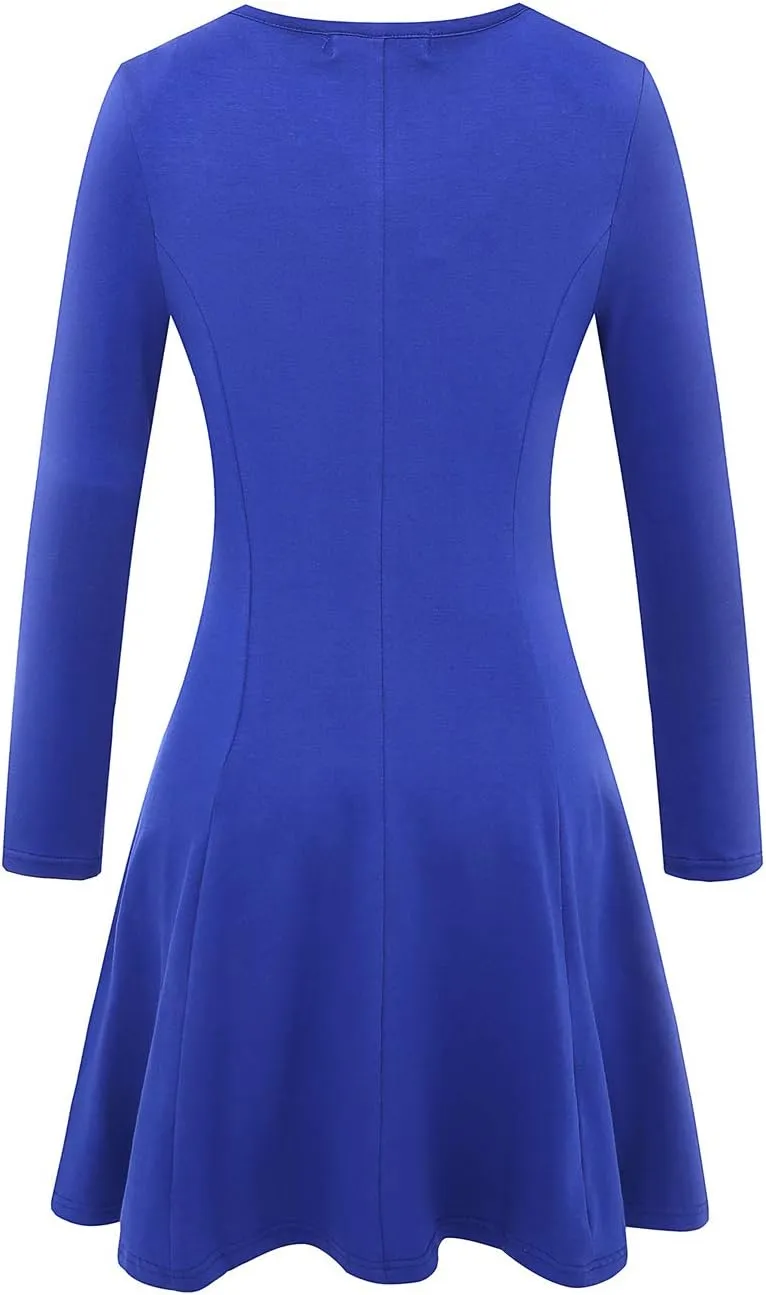 Aphratti Women's Long Sleeve Spring Dresses Casual Basic Crew Neck A-Line Fit and Flare Skater Dress