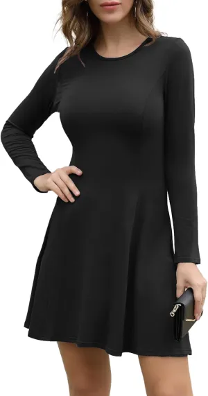 Aphratti Women's Long Sleeve Spring Dresses Casual Basic Crew Neck A-Line Fit and Flare Skater Dress