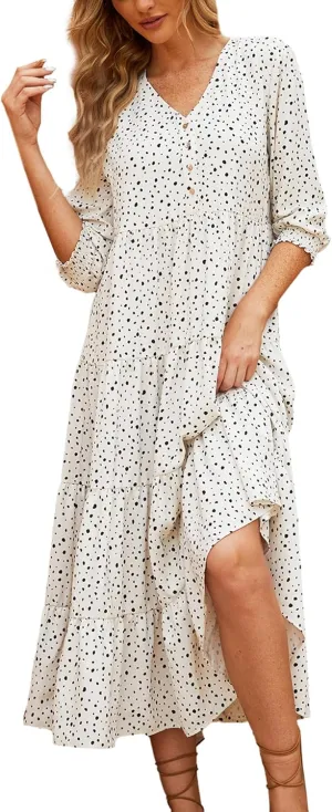 Beautiful Nomad Women's Casual V Neck Boho Dress Puff Sleeve High Waist Floral Smocked Flowy Ruffle Midi Dresses