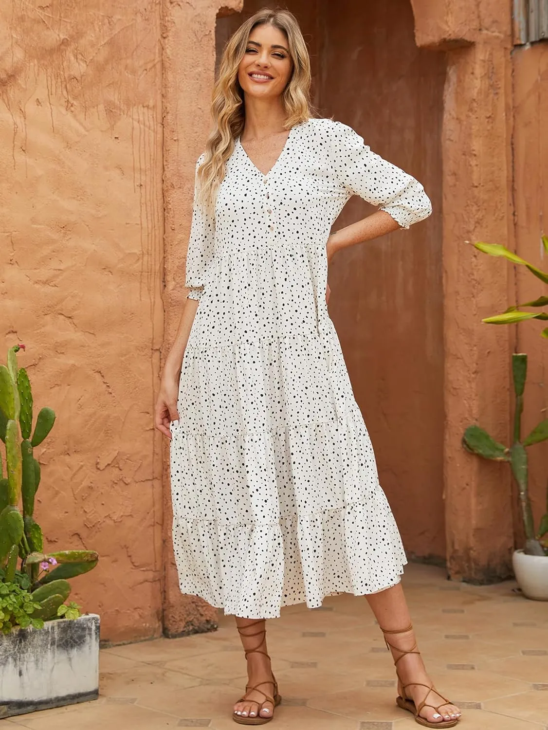 Beautiful Nomad Women's Casual V Neck Boho Dress Puff Sleeve High Waist Floral Smocked Flowy Ruffle Midi Dresses