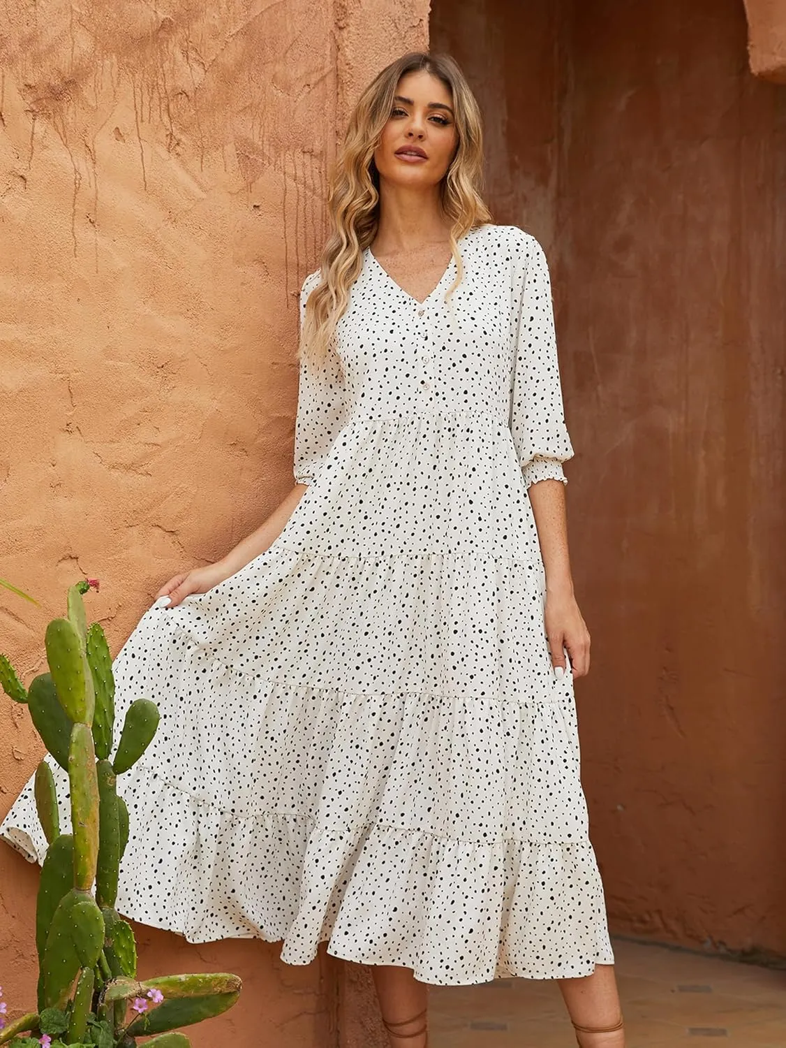Beautiful Nomad Women's Casual V Neck Boho Dress Puff Sleeve High Waist Floral Smocked Flowy Ruffle Midi Dresses