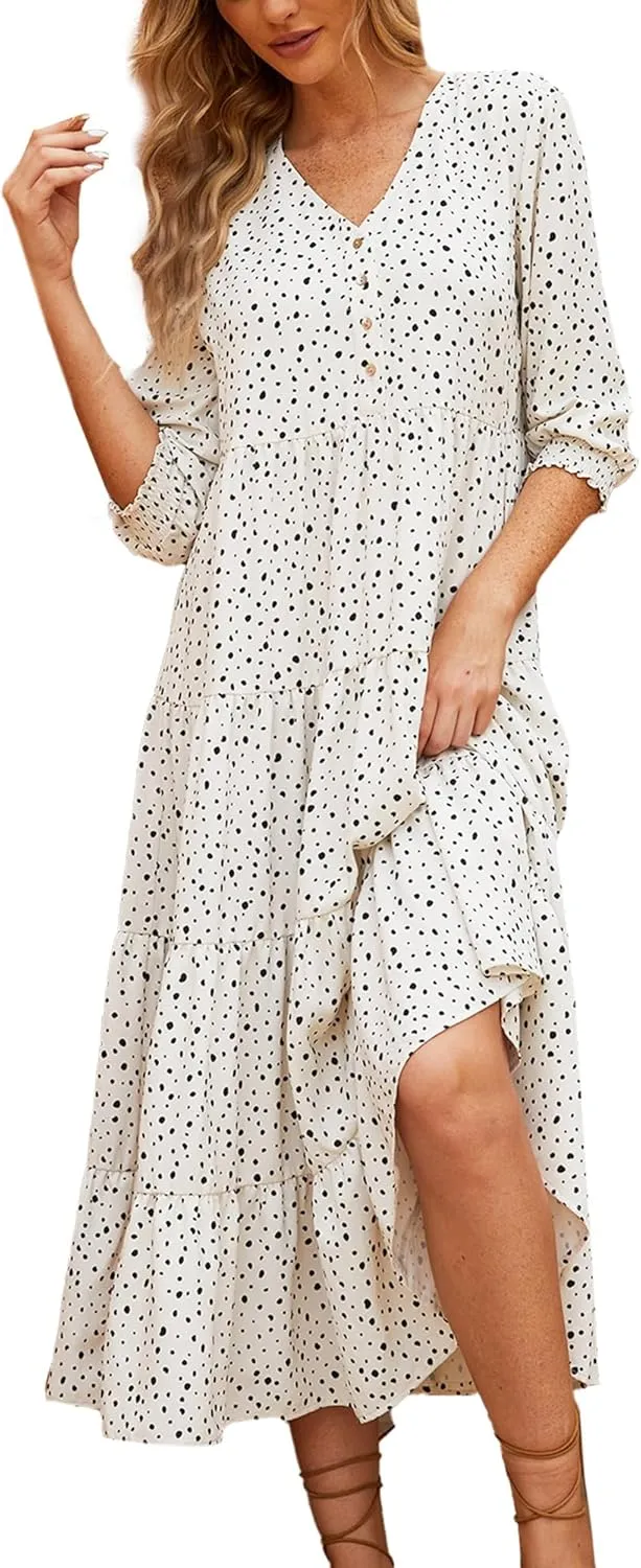 Beautiful Nomad Women's Casual V Neck Boho Dress Puff Sleeve High Waist Floral Smocked Flowy Ruffle Midi Dresses
