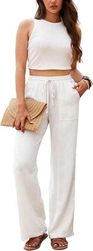Beautiful Nomad Women's Linen Pants High Waisted Straight Pant Casual Flowy Wide Leg Drawstring Trousers with Pockets