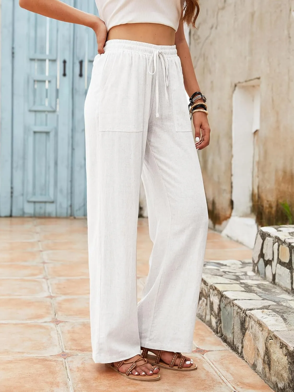Beautiful Nomad Women's Linen Pants High Waisted Straight Pant Casual Flowy Wide Leg Drawstring Trousers with Pockets