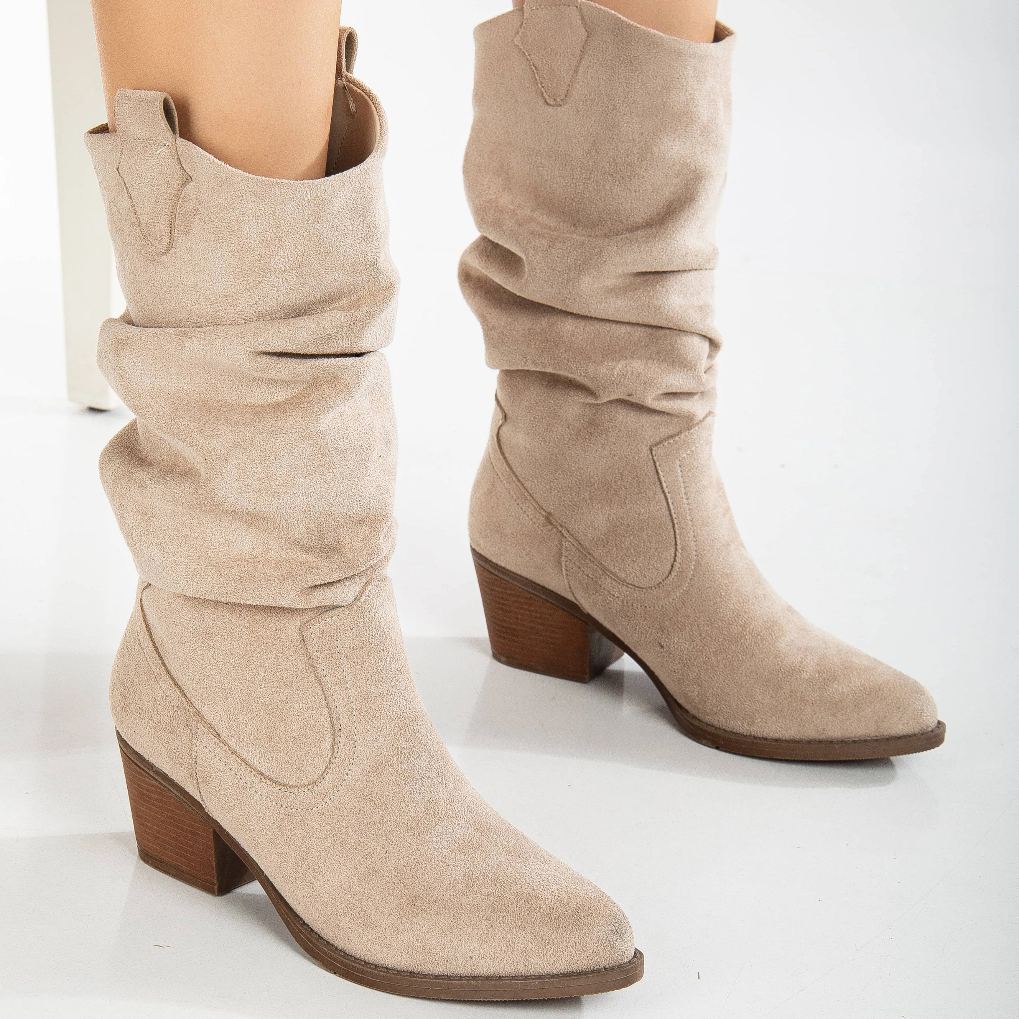 Bonnie Vegan Suede Slouch Western Boots | Beige