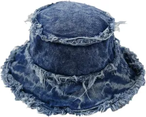 Bucket Hat Denim Fisherman Hat for Women Fringe Wide Brim Summer UV Protection Sun Hat Distressed Beach Hat