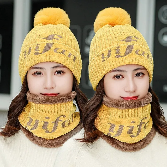 Chenille Plus Velvet All-match Pompoms Outdoor Knitted Woolen Warm Winter Cap