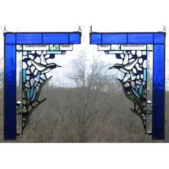Cobalt Blue Hummingbird Corner Pair Stained Glass Window Panels by Edel Byrne