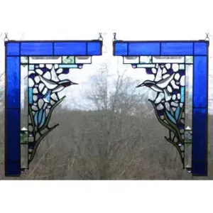 Cobalt Blue Hummingbird Corner Pair Stained Glass Window Panels by Edel Byrne