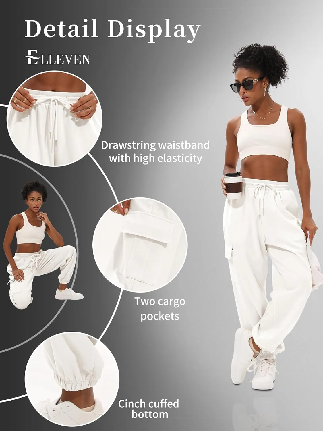 ELLEVEN High Waisted Sweatpants for Women - Baggy Cuffed Jogger with Cargo Pockets and Adjustable Drawstring