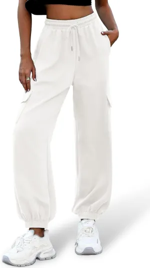 ELLEVEN High Waisted Sweatpants for Women - Baggy Cuffed Jogger with Cargo Pockets and Adjustable Drawstring