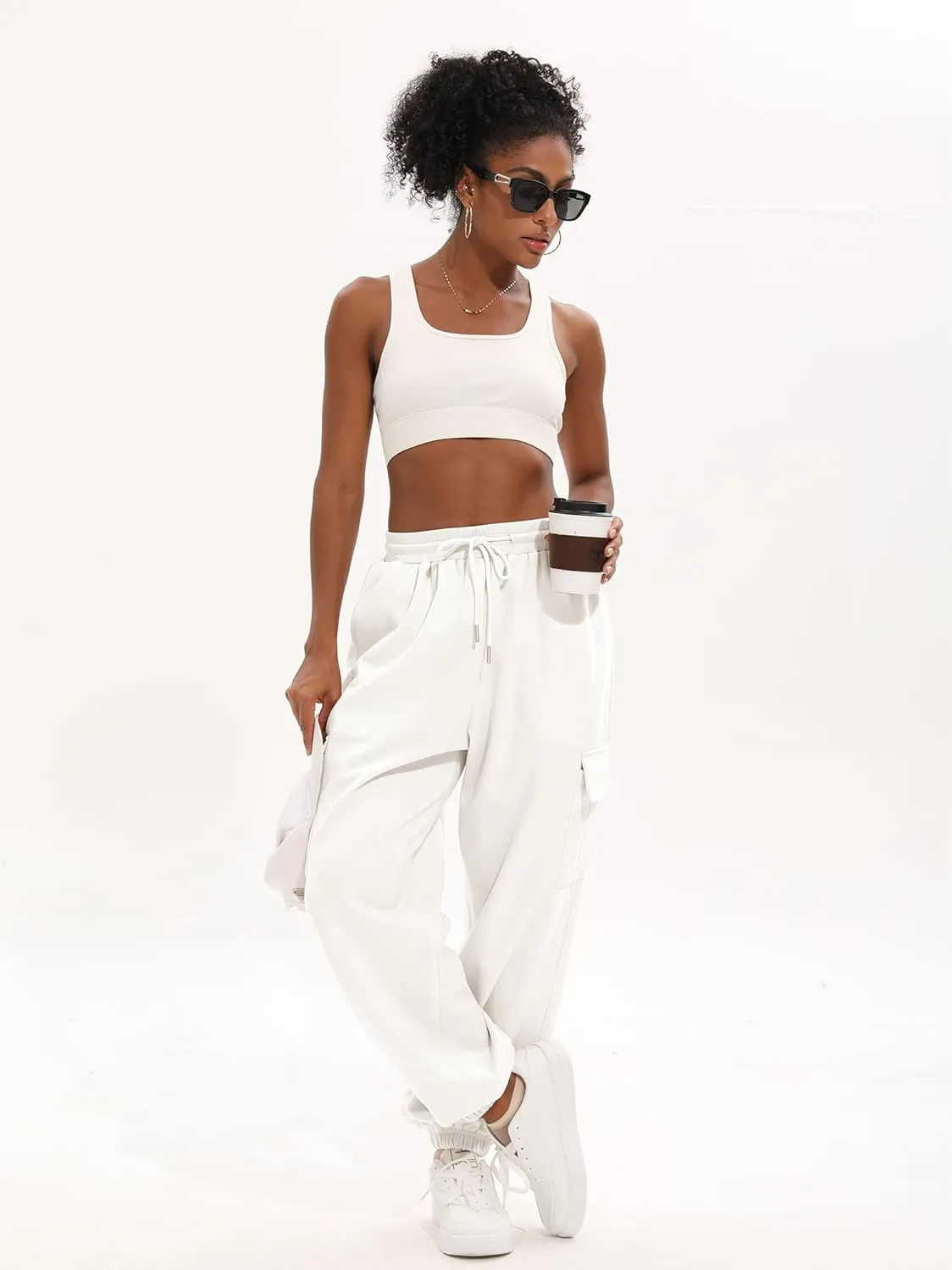 ELLEVEN High Waisted Sweatpants for Women - Baggy Cuffed Jogger with Cargo Pockets and Adjustable Drawstring