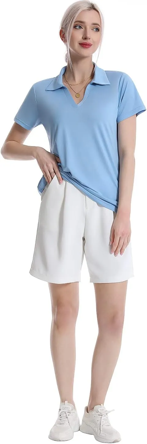 Femdouce Women's Polo Shirts V-Neck Short Sleeve Moisture Wicking Collared Shirts for Women Golf Polo Shirt for Work 1-3 Pack