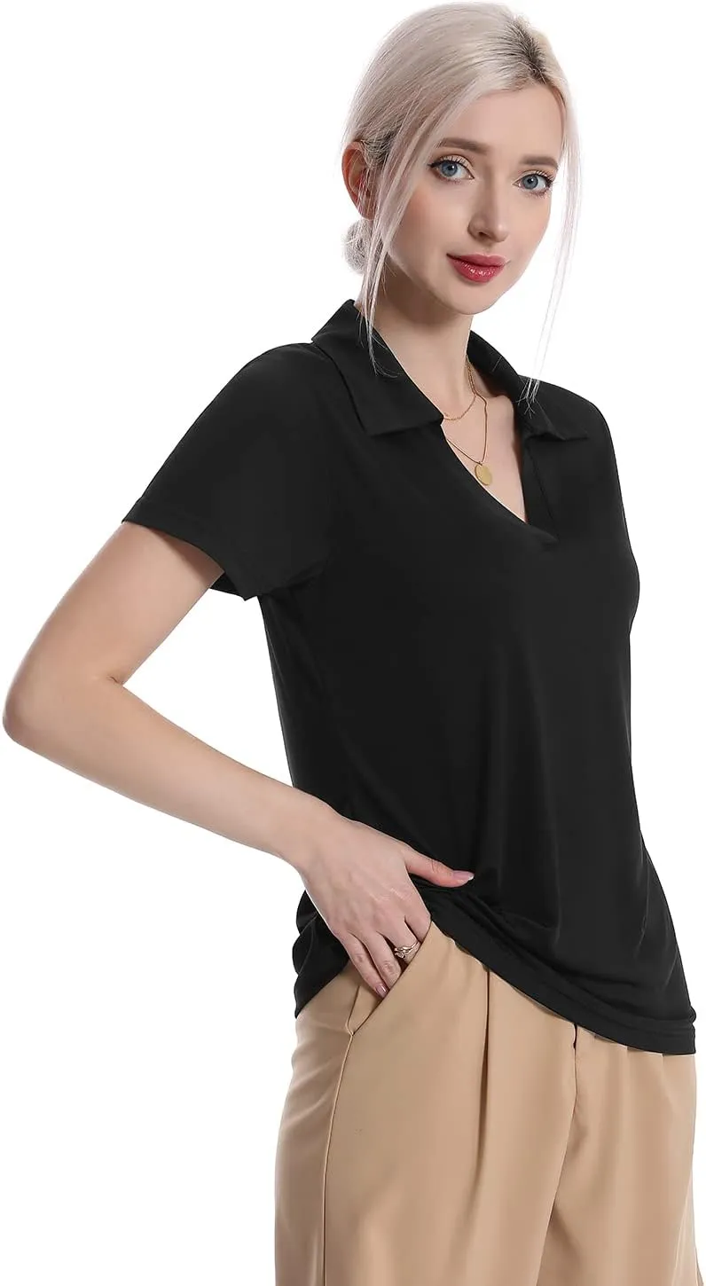 Femdouce Women's Polo Shirts V-Neck Short Sleeve Moisture Wicking Collared Shirts for Women Golf Polo Shirt for Work 1-3 Pack