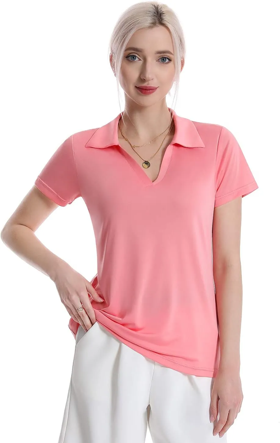 Femdouce Women's Polo Shirts V-Neck Short Sleeve Moisture Wicking Collared Shirts for Women Golf Polo Shirt for Work 1-3 Pack