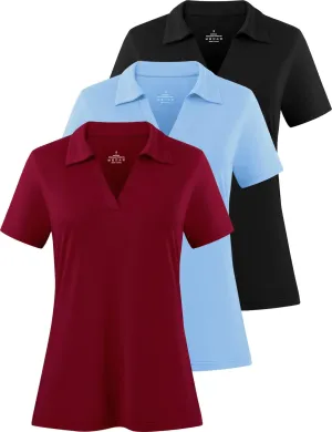 Femdouce Women's Polo Shirts V-Neck Short Sleeve Moisture Wicking Collared Shirts for Women Golf Polo Shirt for Work 1-3 Pack