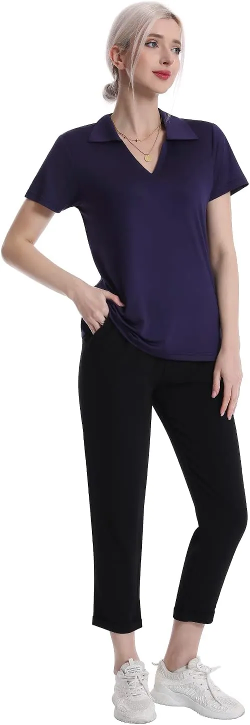 Femdouce Women's Polo Shirts V-Neck Short Sleeve Moisture Wicking Collared Shirts for Women Golf Polo Shirt for Work 1-3 Pack