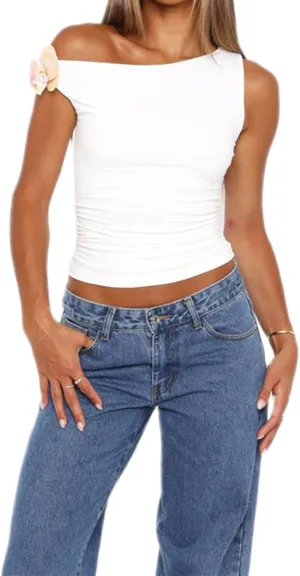 Giraropa Women 3D Flower One Shoulder Tops Ruched Slim Fit Crop Tank Top Y2k Going Out Shirts Trendy Clothes