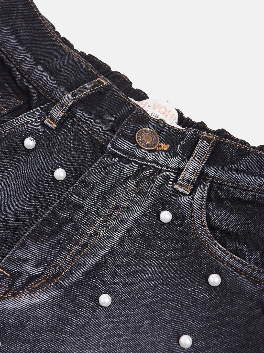 Girls Black Pearl Studs Jeans - Lyush Kids