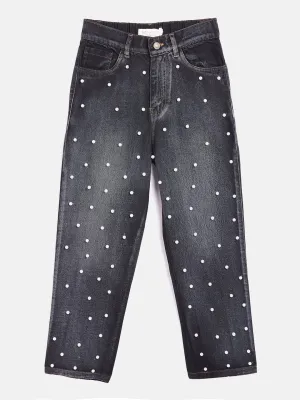 Girls Black Pearl Studs Jeans - Lyush Kids