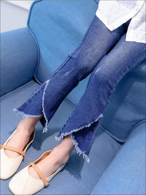 Girls Blue Denim Overlap Frayed Hem Jeans