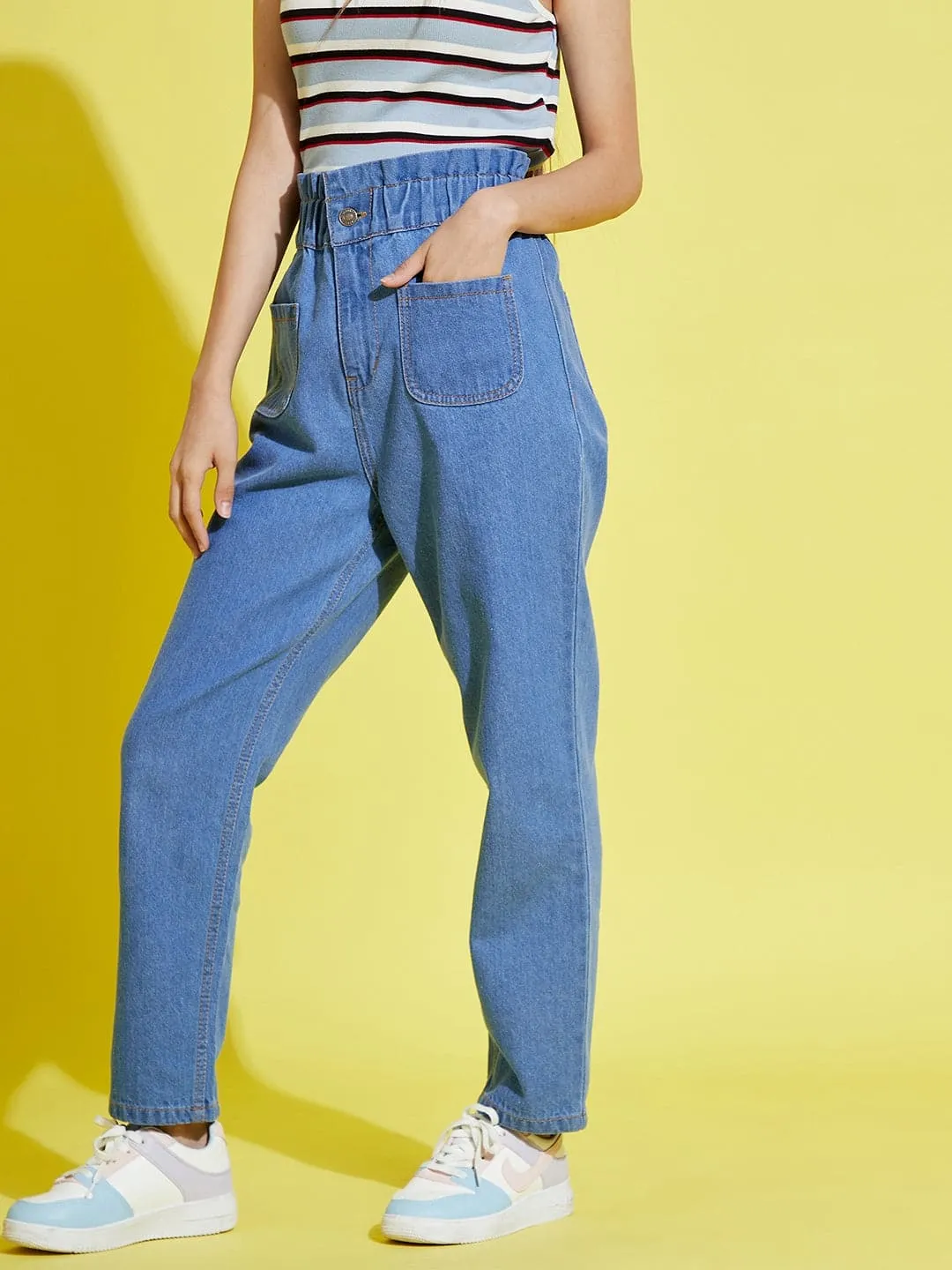 Girls Blue Paper Bag Waist Carrot Jeans - Lyush Kids