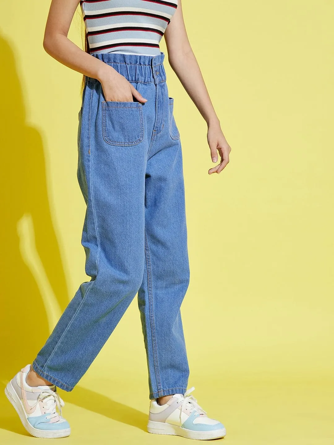 Girls Blue Paper Bag Waist Carrot Jeans - Lyush Kids