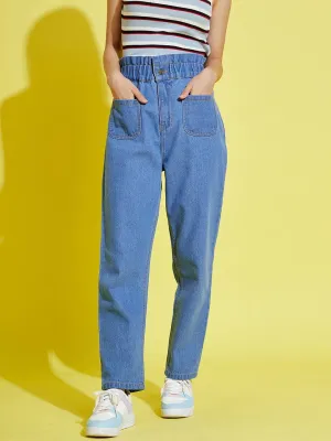 Girls Blue Paper Bag Waist Carrot Jeans - Lyush Kids
