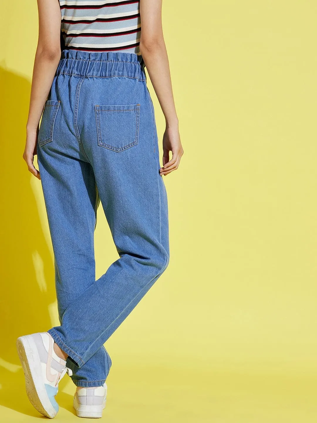 Girls Blue Paper Bag Waist Carrot Jeans - Lyush Kids
