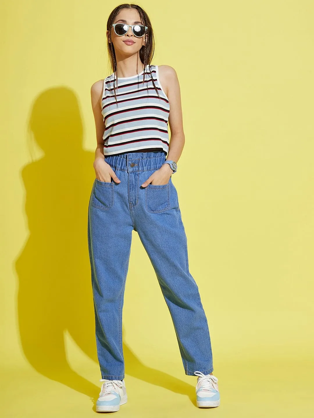 Girls Blue Paper Bag Waist Carrot Jeans - Lyush Kids
