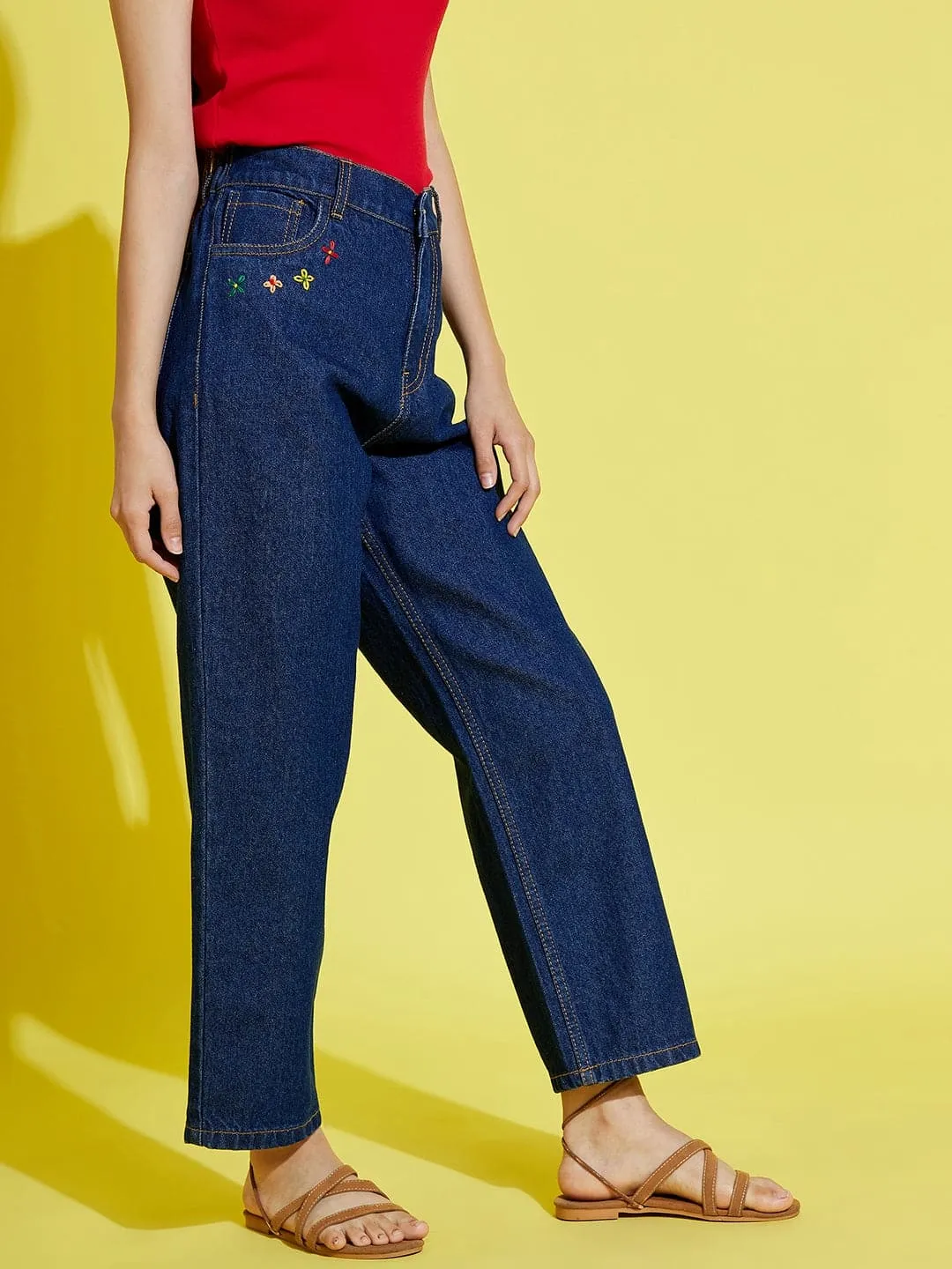Girls Navy Pocket Embroidery Straight Jeans - Lyush Kids
