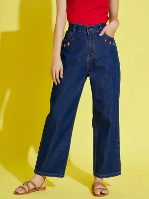 Girls Navy Pocket Embroidery Straight Jeans - Lyush Kids