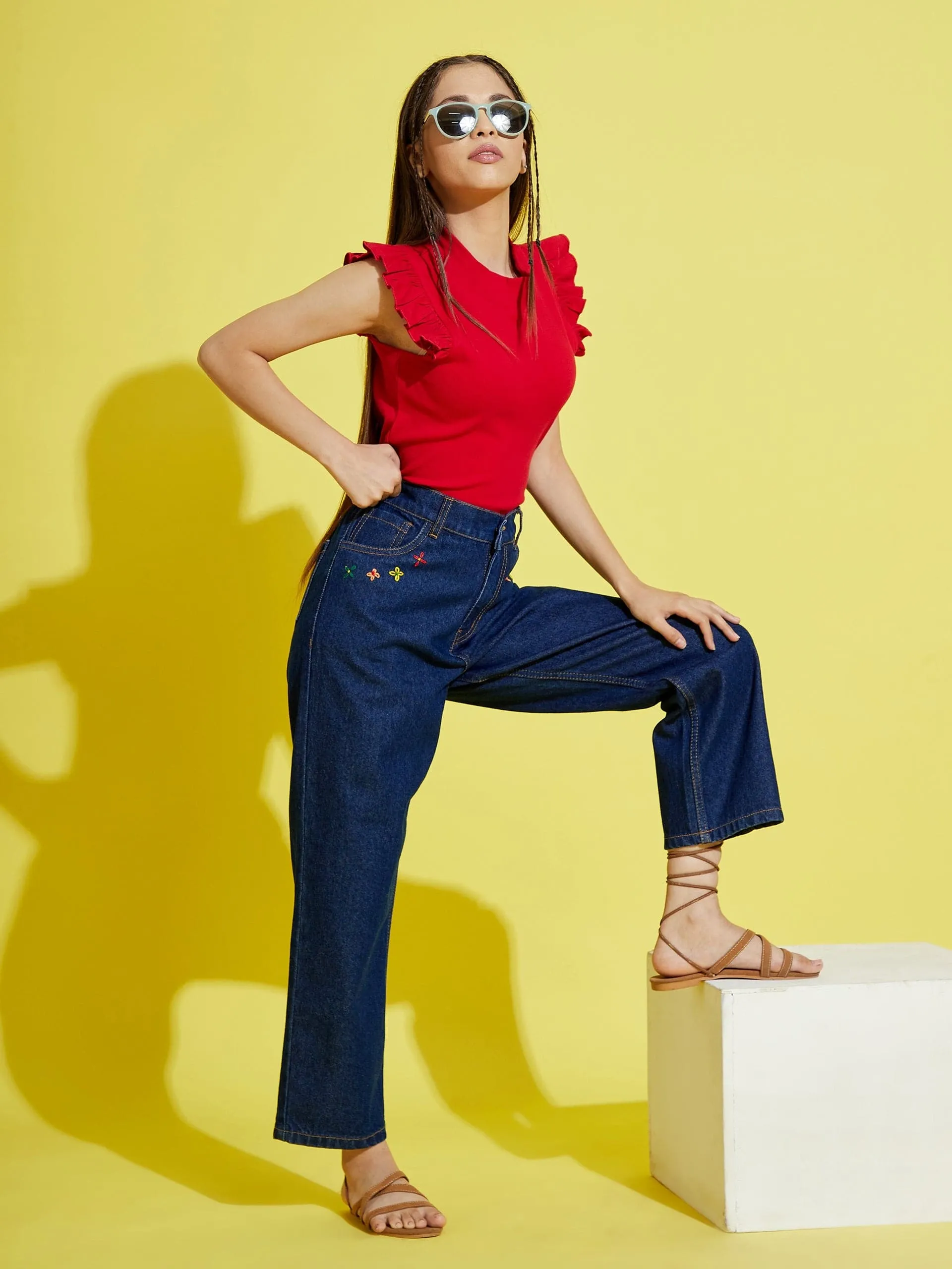 Girls Navy Pocket Embroidery Straight Jeans - Lyush Kids