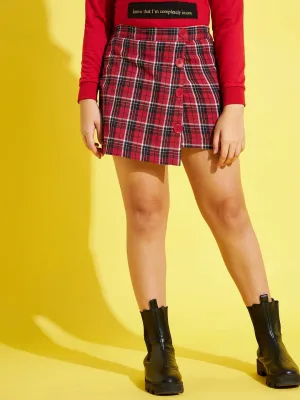 Girls Red & Navy Check Side Button Mini Skirt - Lyush Kids